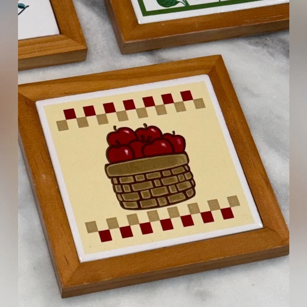 Vintage Wood Framed Ceramic Tiles Pine Frame Bird House, Sunflower, Apple.